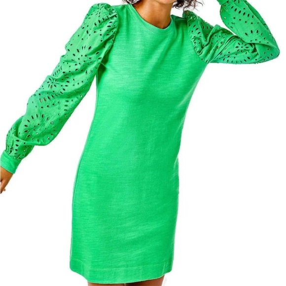 Lilly Pulitzer Jasona Eyelet Dress XS Lace Long Sleeve Kelly Green Easter Preppy - Picture 1 of 15